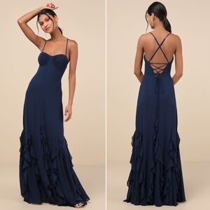 NWT | Lulus | Priela Dark Navy Ruffled Lace-Up Maxi Dress | Sz XS